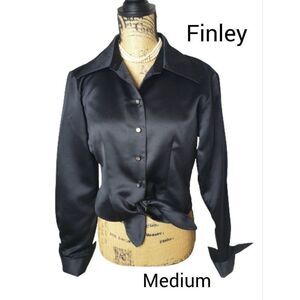Finley Women's Black Silk Button Up Blouse M Rhinestone Tie Front Lux Elegant